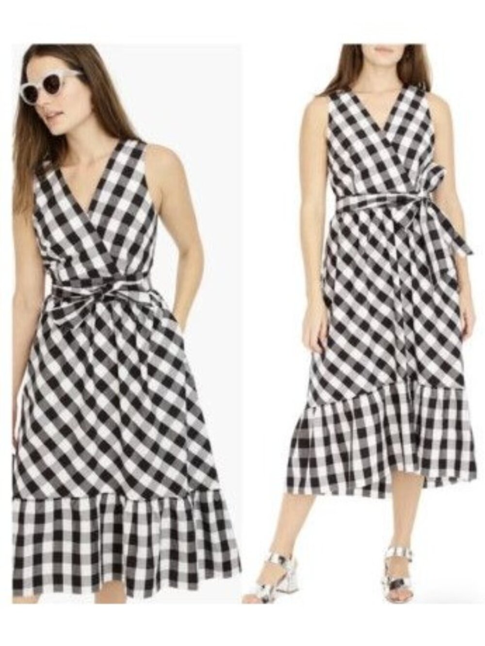 J. Crew Black White Gingham Faux Wrap High Low MiDi Dress Women Size 6